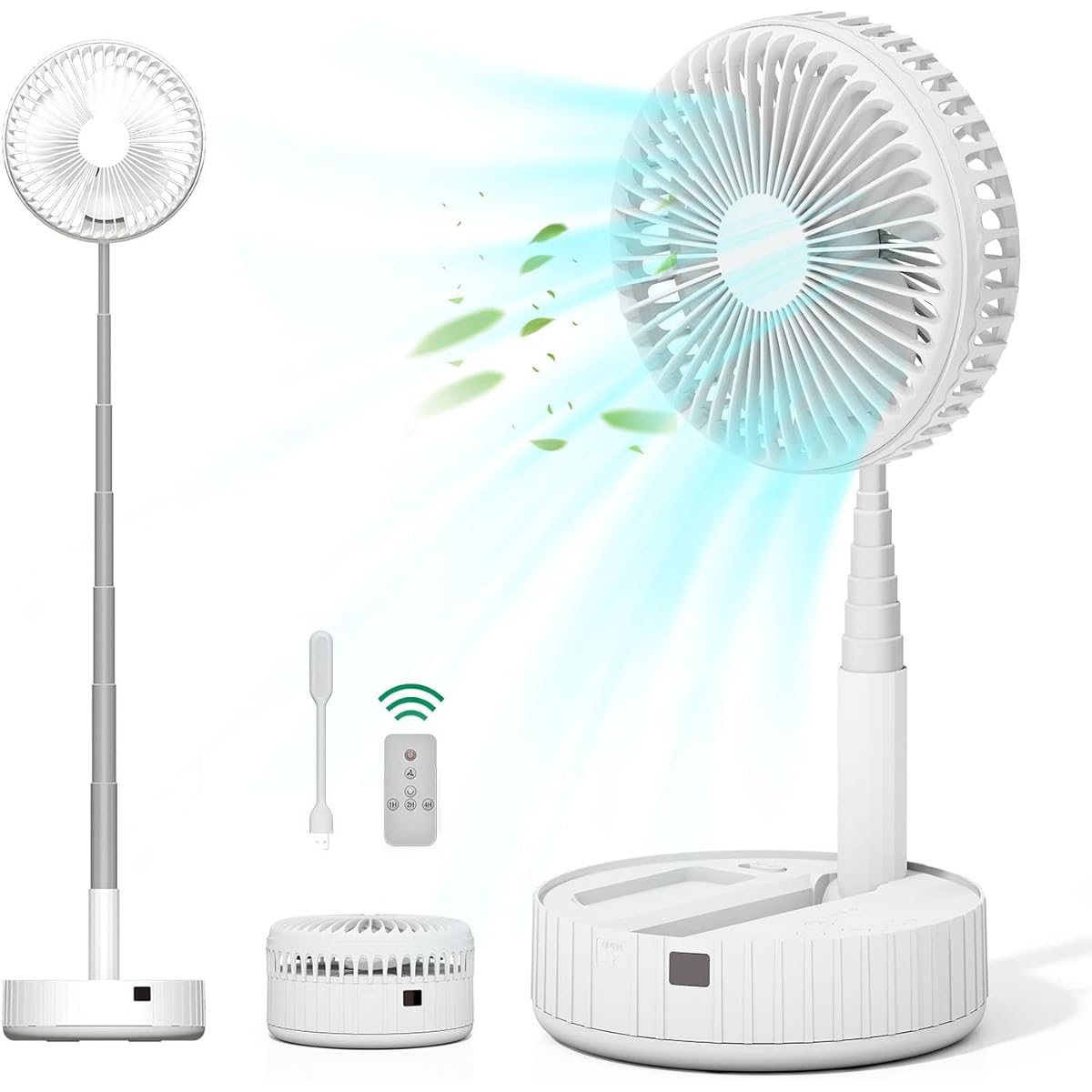 AiHom Folding Fan, Telescopic Floor Fan, Portable, Living Room, Air Circulation, Desktop Fan, Automatic Oscillation, USB Rechargeable, 7,200 mAh, Large Capacity, Built-in Battery, Long Time Continuous