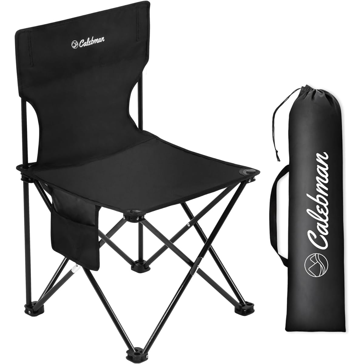 Calebman Outdoor Chair, Foldable [Open/Close in 1 Second] Ultra-lightweight, Compact Chair, Load Capacity 150kg, Includes Pocket, Backrest, Storage Bag, Convenient for Fishing, Climbing, Portable, Camping Chair (Black)