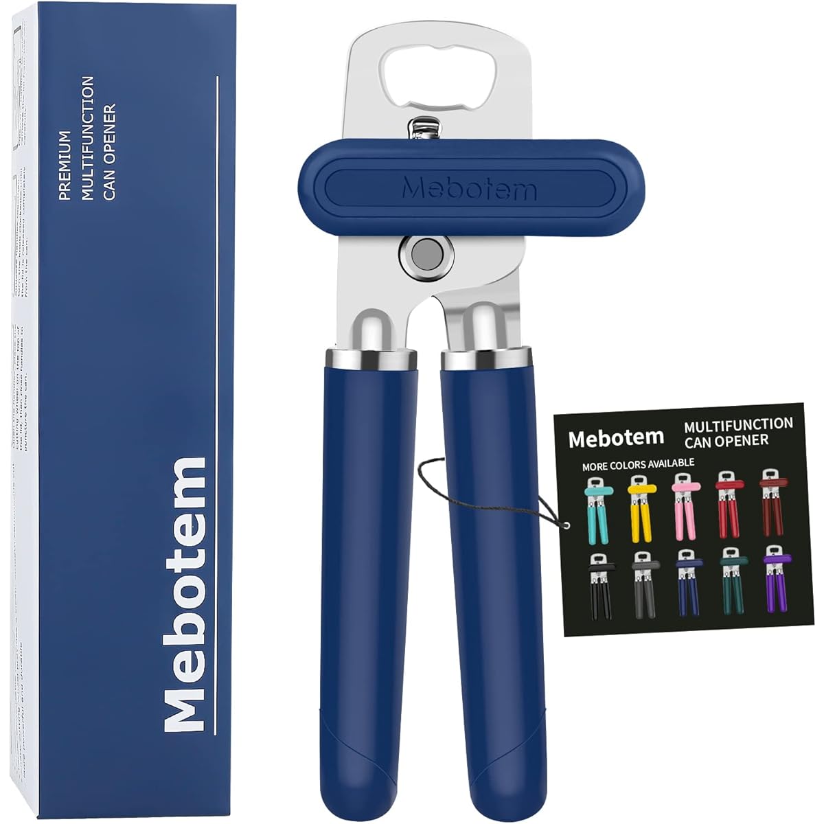 Mebotem 10 Colors Can Opener Manual Handheld Heavy Duty Hand Can Opener Smooth Edge Stainless Steel Can Opener Top Lid Kitchen Gadget Best Large Rated Easy Rotation Knob with Bottle Opener Navy Blue