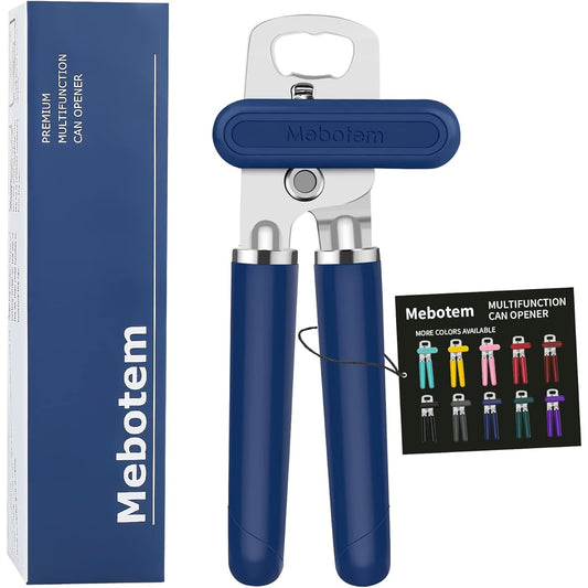 Mebotem 10 Colors Can Opener Manual Handheld Heavy Duty Hand Can Opener Smooth Edge Stainless Steel Can Opener Top Lid Kitchen Gadget Best Large Rated Easy Rotation Knob with Bottle Opener Navy Blue