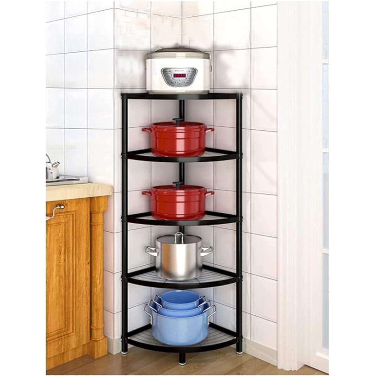 sumunior Kitchen Corner Rack 5 Tiers Multipurpose Rack Width 49.5cm Height 128cm Kitchen Storage Rack Carbon Steel Rounded Corners Kitchen Shelf Storage Rack Corner Shelf Triangular Fan Corner Shelf Kitchen Frying Pan Rack Corner Shell with Casters Pot R