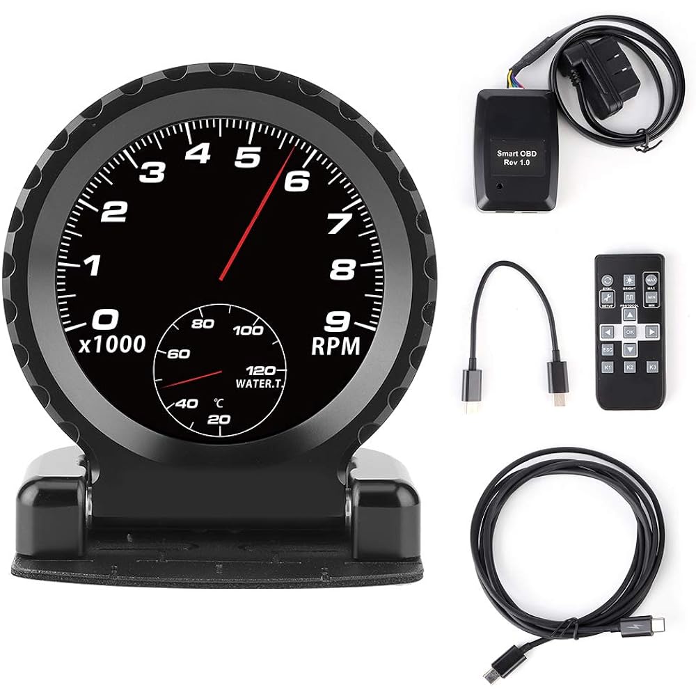 Car LCD Racing Gauge, Smart Meter i Round LCD OBD2 Turbo Boost Water Temperature RPM Oil Temperature Oil Pressure Gauge (Black)