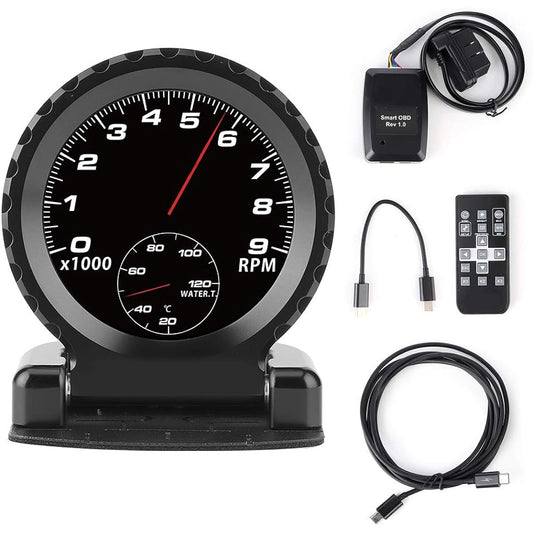 Car LCD Racing Gauge, Smart Meter i Round LCD OBD2 Turbo Boost Water Temperature RPM Oil Temperature Oil Pressure Gauge (Black)