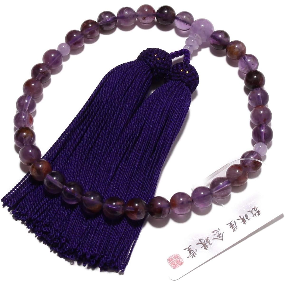 Prayer beads <Made in Japan> Women's high-quality natural stone Root Amethyst with Fujigumo stone Pure silk tassel (tassel color purple) Made in Japan Comes with a prayer bead bag Handmade Prayer beads Can be used by all sects [A long-established prayer