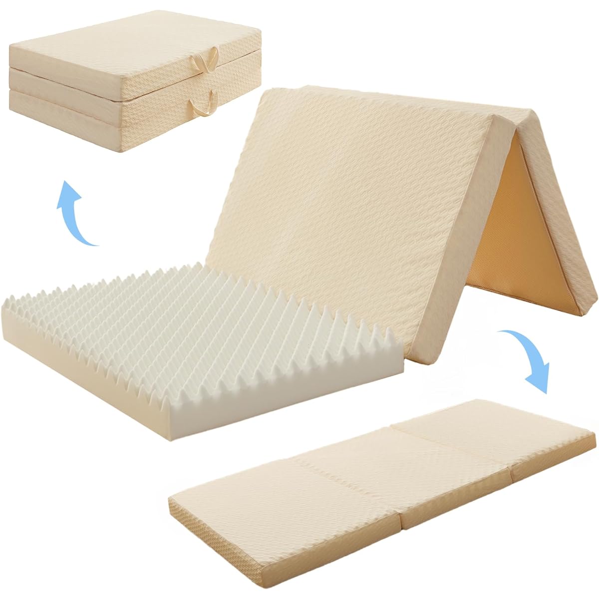 OIGAE Mattress Single High Resilience Tri-Fold Extra Thick 10cm High Density 25D [Wave Type Uneven Processing] Body Pressure Dispersion Point Support Folding Futon Bed Mat Firm Comfort Breathable Antibacterial and Odor Resistant Washable Cover Usable on