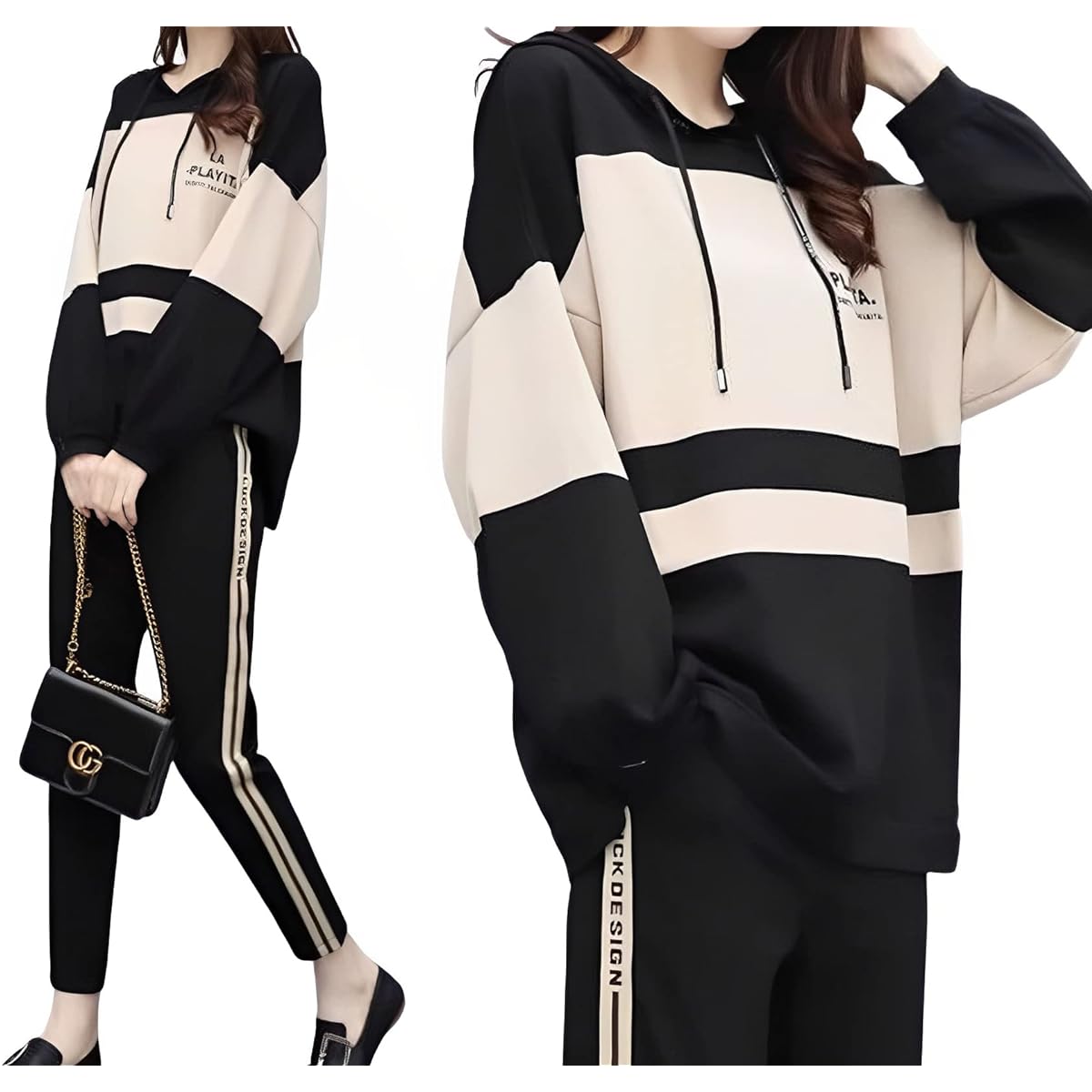 [Second Roots] 2 Piece Set Top and Bottom Setup Sweatshirt Sweatshirt Jersey Bicolor Hooded Parka Pants Room Wear Loungewear Easy Spring Summer Fall Winter Women's 083S M~4XL