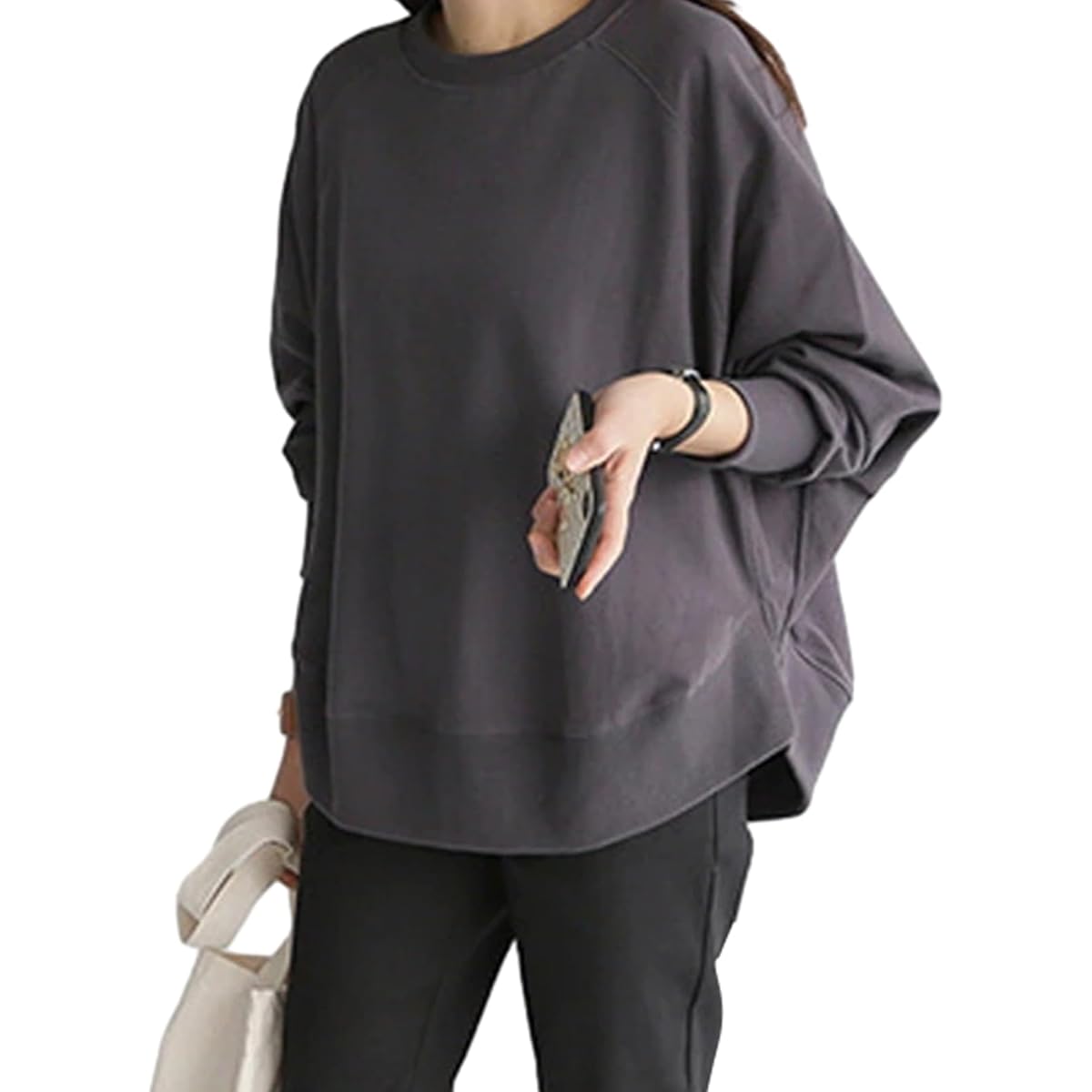 [GlamollaMisse] Women's Sweatshirt, Cotton, Dolman Sleeves, Pullover, Round Neck, Crew Neck, Long Sleeve Top, Casual, Loose, Cut and Sewn, Plain, Stylish, Large Size, Slimming, Covers Your Body, Cute, Commuting, Going Out, Spring, Autumn, Winter