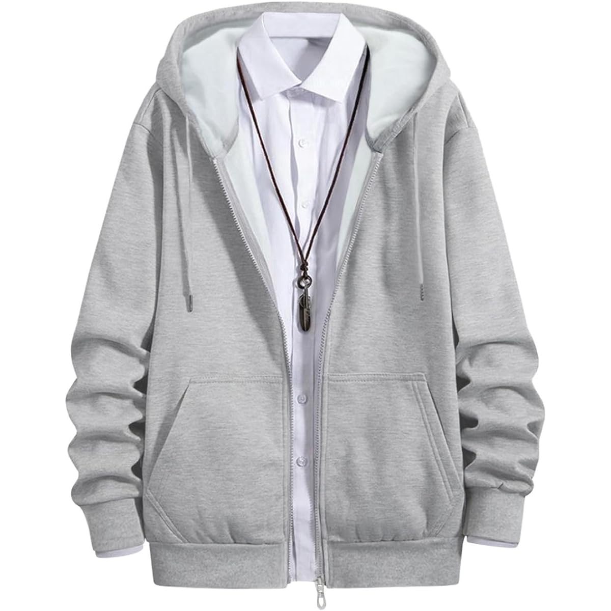 [EASTEMPO] Men's Parka, Long Sleeve, Spring, Zip Up Sweatshirt, Hooded, Fleece Lining, Plain, Loose, Large Size