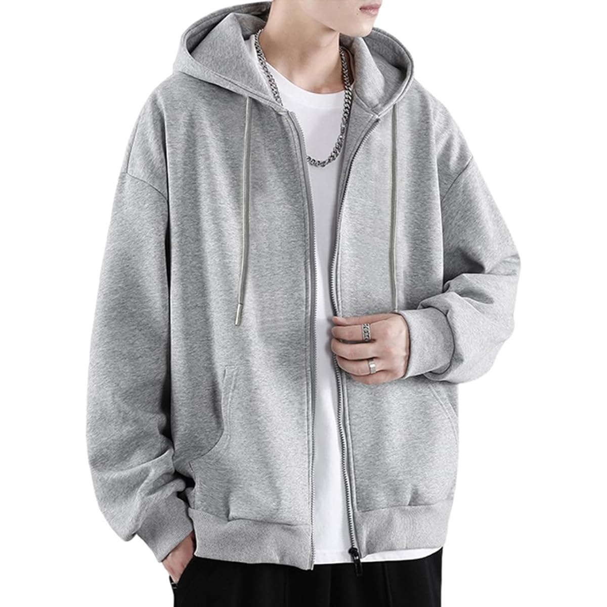 [JHIJSC] Men's Parka, Spring, Long Sleeve, Loose, Zip-up, Plain, Stylish, Hooded, Large Size