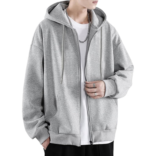 [JHIJSC] Men's Parka, Spring, Long Sleeve, Loose, Zip-up, Plain, Stylish, Hooded, Large Size