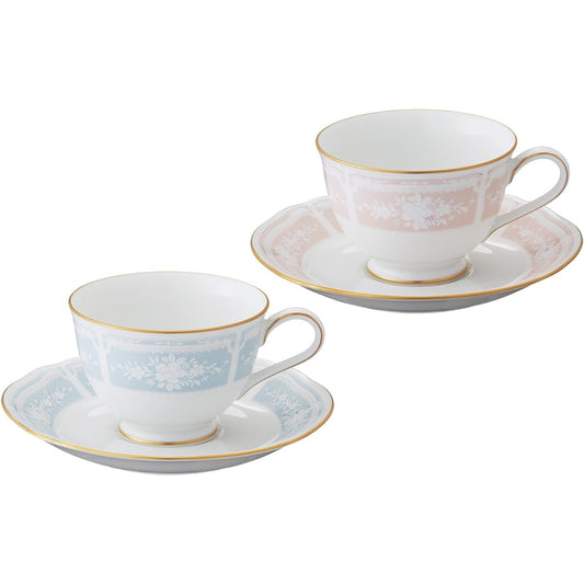 Noritake Cup & Saucer (color-changing pair set) (for coffee and tea) 220cc Lacewood Gold 2 people Blue/Pink Fine Porcelain Y6578A/1507-14