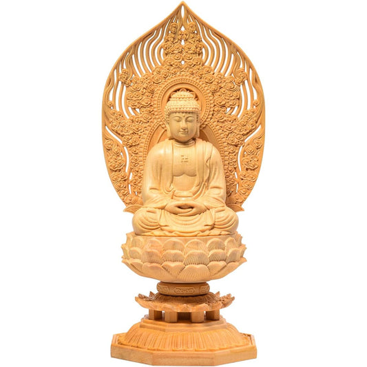 Hanro Art Sculpture Buddha Statue Shaka Nyorai Soto Zen Rinzai Buddhist Altar Buddha Statue Wood Carving Cypress Wooden Prayer Amulet Shonun Halo Octagonal Base (Height 28cm x Width 12cm x Depth 12cm)