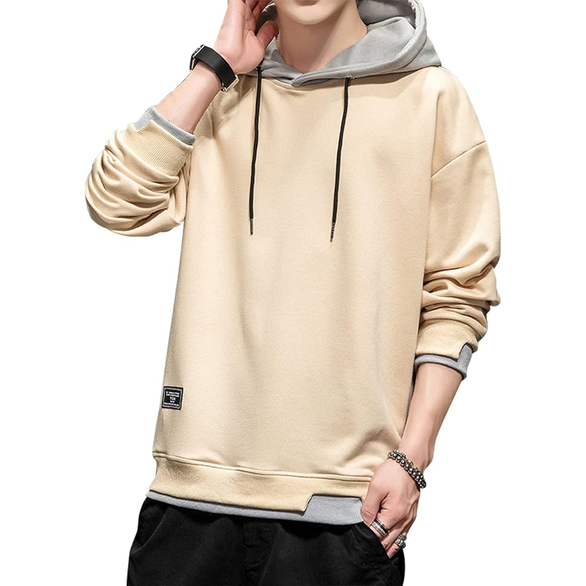 [Mskikefly] Men's Long Sleeve Sweatshirt Pullover Loose Casual Korean Hooded Layered Autumn Clothes Plain Light Soft Sweatshirt Unique Jersey
