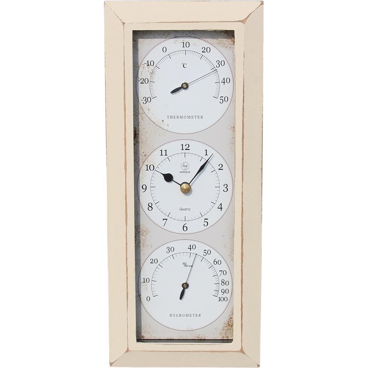 MYS Wall Hanging Clock, Made in Japan, Temperature and Hygrometer Included, Antique Processing, Analog, Handmade, Vertical, Ivory, Antique Clock YT-902