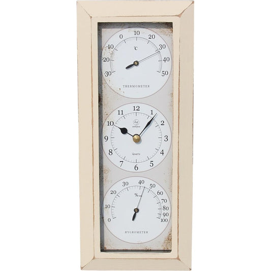 MYS Wall Hanging Clock, Made in Japan, Temperature and Hygrometer Included, Antique Processing, Analog, Handmade, Vertical, Ivory, Antique Clock YT-902