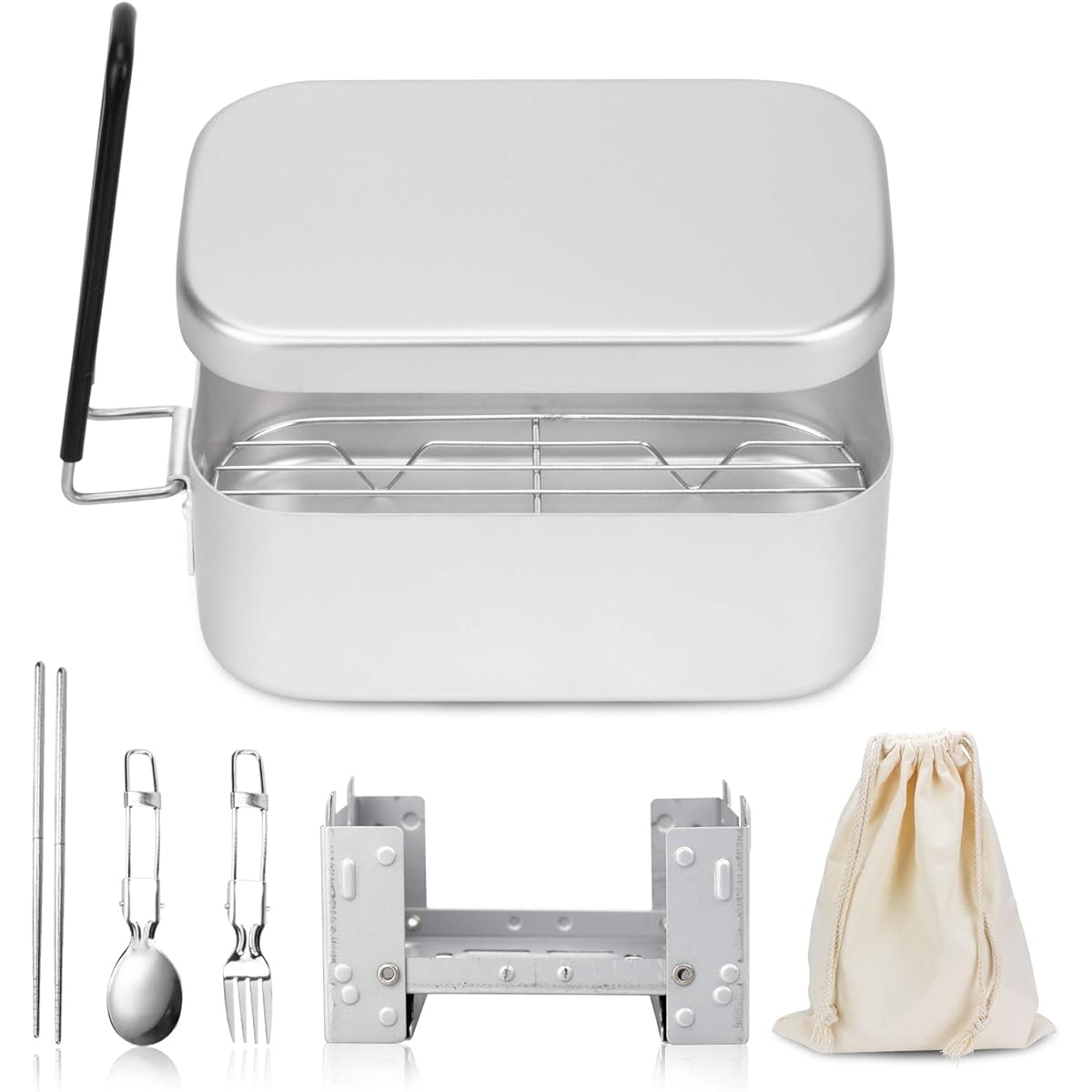 Mestin Set, 2 Cups, Camping Equipment, Rice Pot, with Scales, Deburred, Suihan, with Screen, Cooking Utensils, For Disasters, Semi-Automatic Rice Cooking, Storage Bag Included, Japanese Instruction Manual Included