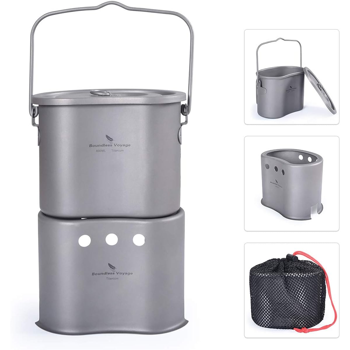 iBasingo 2in1 Ultra Light 99.8% Titanium Pot/Wood Stove Set, Pocket Stove, Folding Handle (Pot), Cookware Set, Dead Branches, Pine Cones, Camping, Outdoors, Travel, Portable, Storage Bag Included Ti1513I