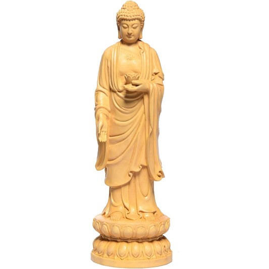 Hanrou Art Sculpture Buddha Statue Shakyamuni Nyorai Standing Statue Wood Carving Ornament TheChanger Buddhist Altar Statue Pray to Harm Good Quality Natural Boxwood Wood Carving (Height 23cm x Width 7cm x Depth 7cm)