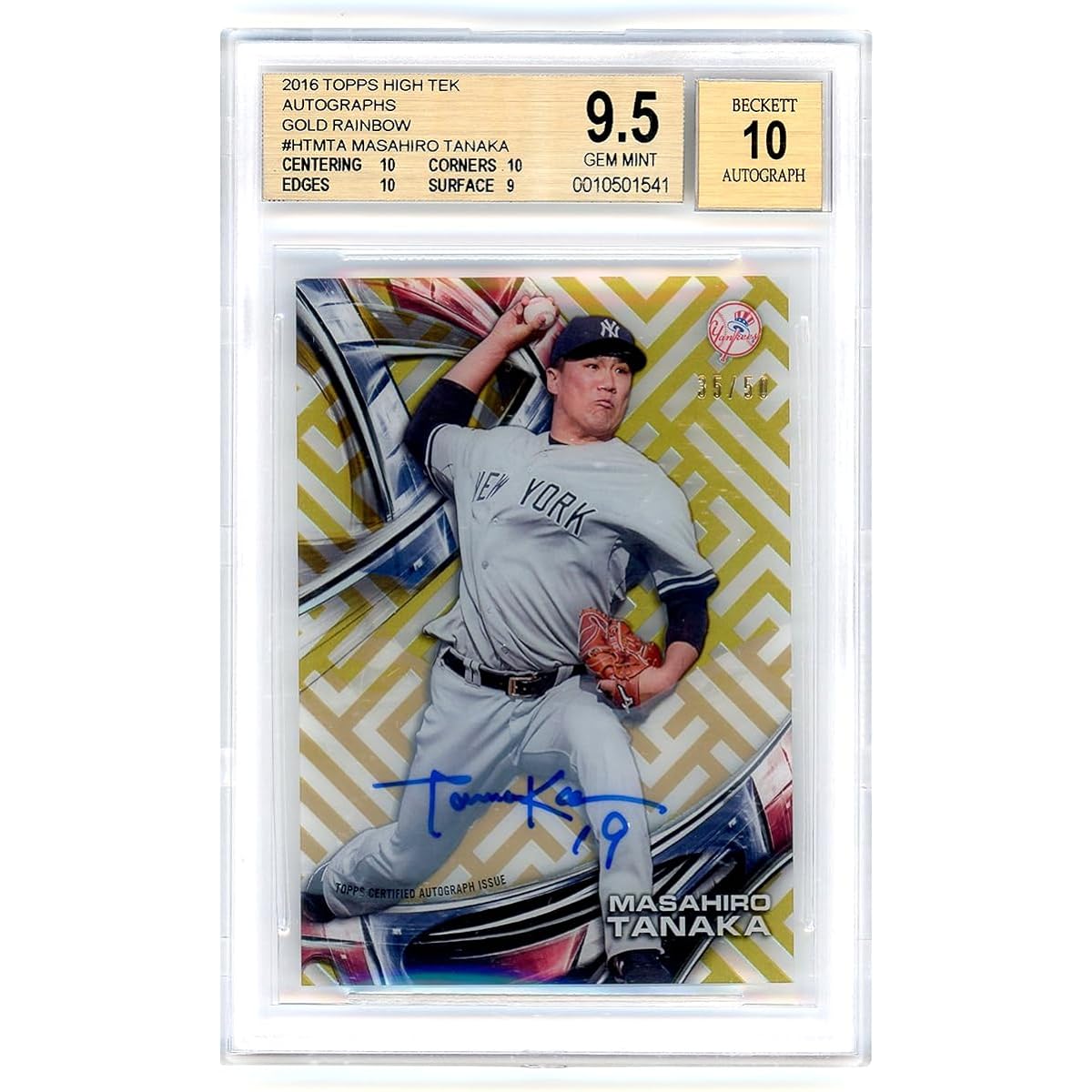 Limited to 50 pieces Autographed by Masahiro Tanaka 2016 Topps Official MLB Card Beckett Appraisal Includes lock holder Autograph Grade Perfect 10 points Seed Stars