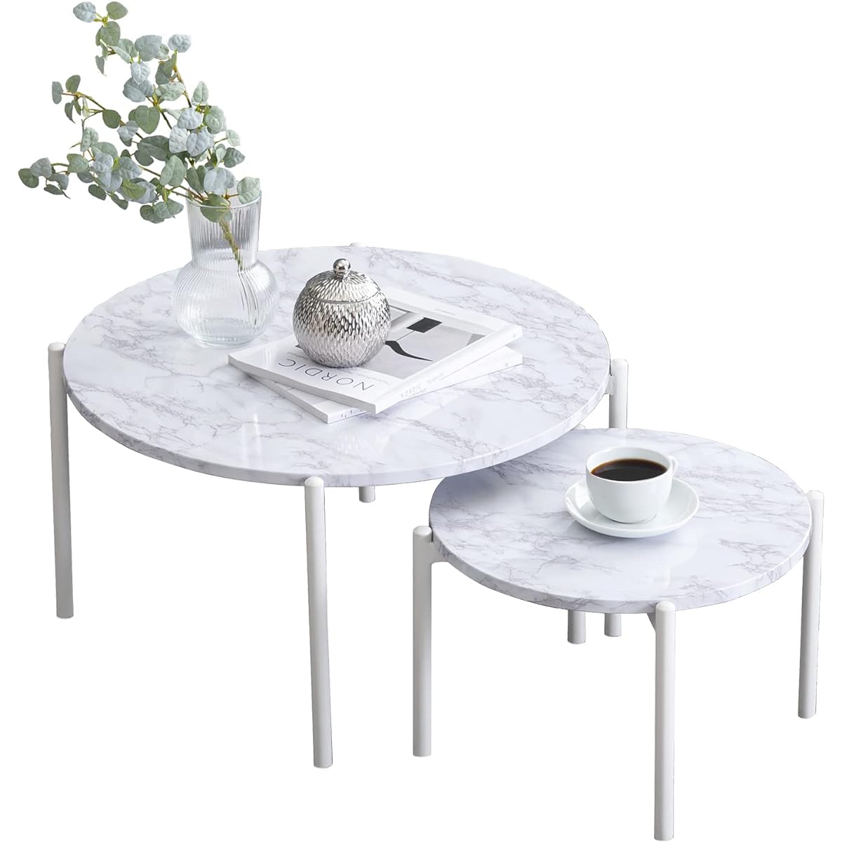 Hagiwara Low Table Nest Table Round Desk [Marble Top x Steel Legs] Chic Modern Living Sofa Table Large/Small 2 Piece Set White LT-4666MWH Large: Width 64 Small: Width 44