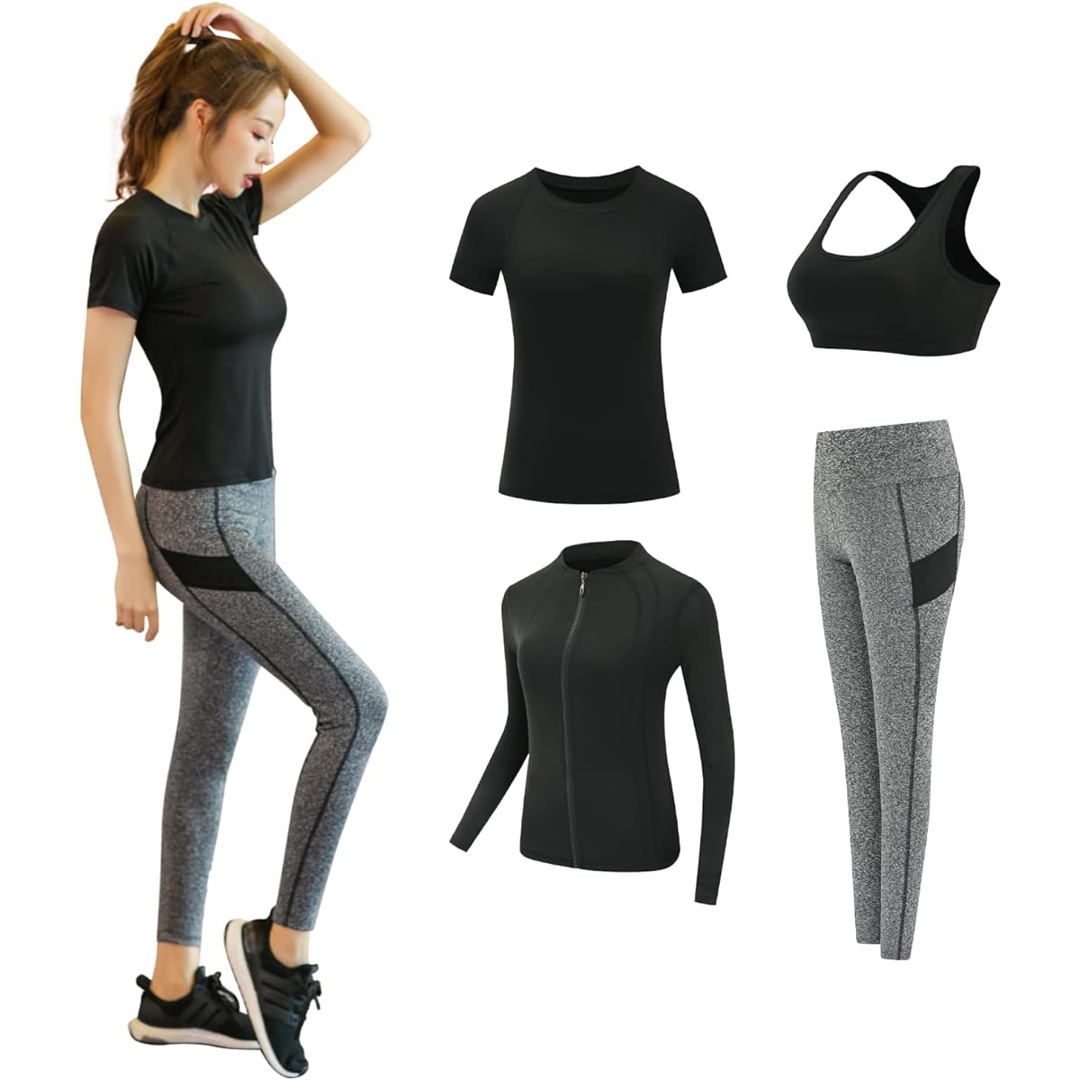 [kojo] Women's Sportswear, Top and Bottom, 4-Piece Set, Yoga Wear, Training Wear, Running Wear, Gym, Fitness, Compression Wear, Sweat Absorbent, Quick Drying 8804