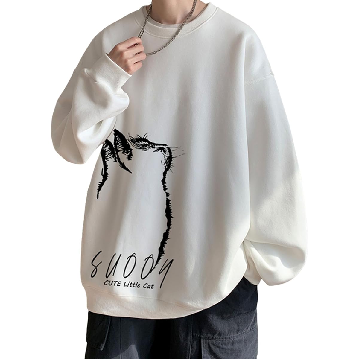 [FJLTDCP] Sweatshirt Hoodie Men's Long Sleeve Pullover Print Cat Crew Neck Stylish Sweatshirt Round Neck Large Size Switching Loose Big Silhouette Fashion Spring Autumn Winter Clothes