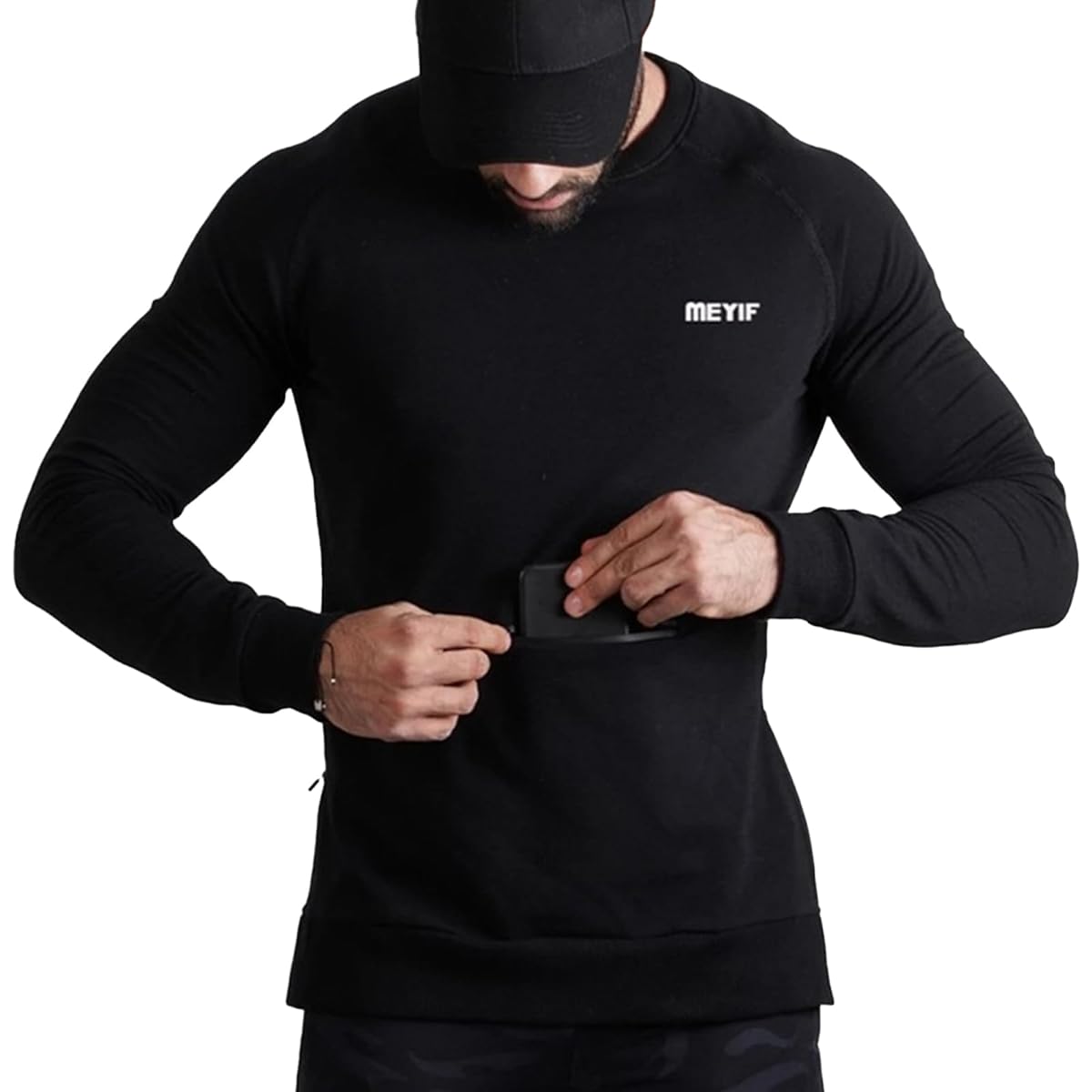 [Manatsulife] Sweatshirt Men's Long Sleeve Crew Neck Sweatshirt Fitness Wear with Pockets Jersey W96