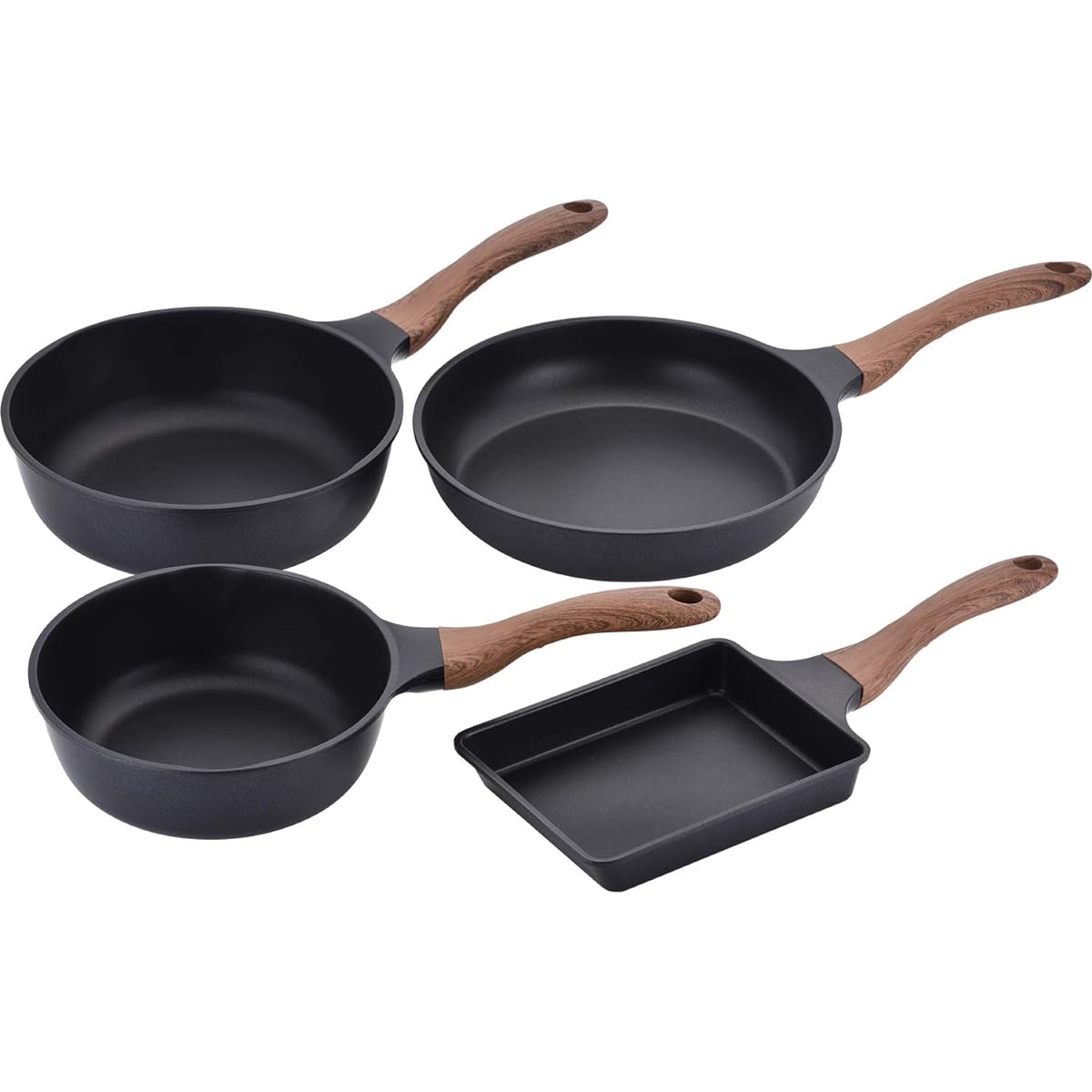 Wahei Freize Frying Pan Set, Tamagoyaki & Deep Frying Pan 20/24cm & Frying Pan 26cm, IH Compatible, Black, Wood Grain Handle, Ntone MB-1227