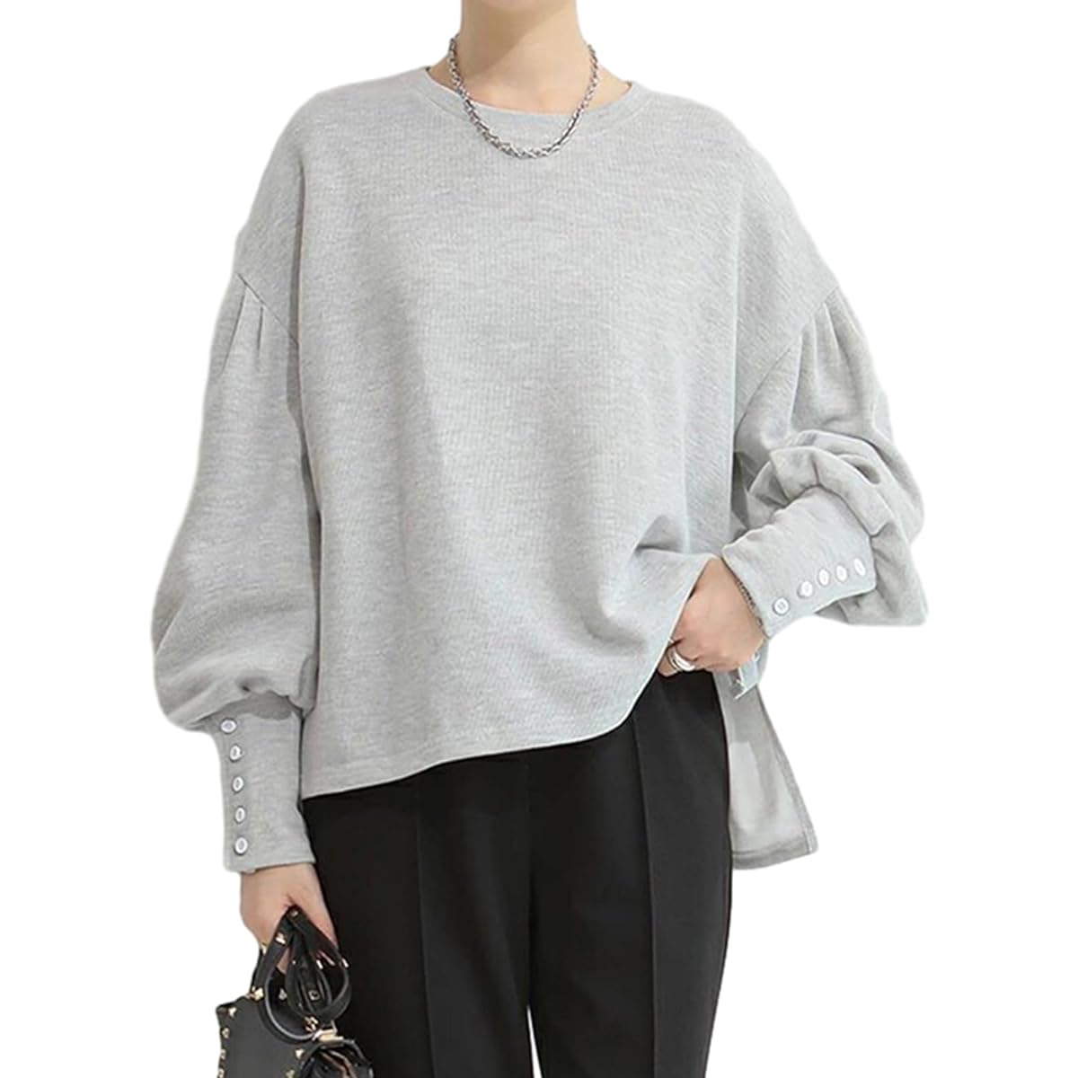 [TeMibery Lyric] Sweatshirt, Women's Sweatshirt, Spring, Autumn, Winter, Balloon Sleeve Top, Autumn/Winter Parka, Long Sleeve, Pullover, Loose, Crew Neck, Cute, Volume Sleeves, Buttons Included, Stylish, Winter Clothes, Beautiful, Korean, Commuting, Body