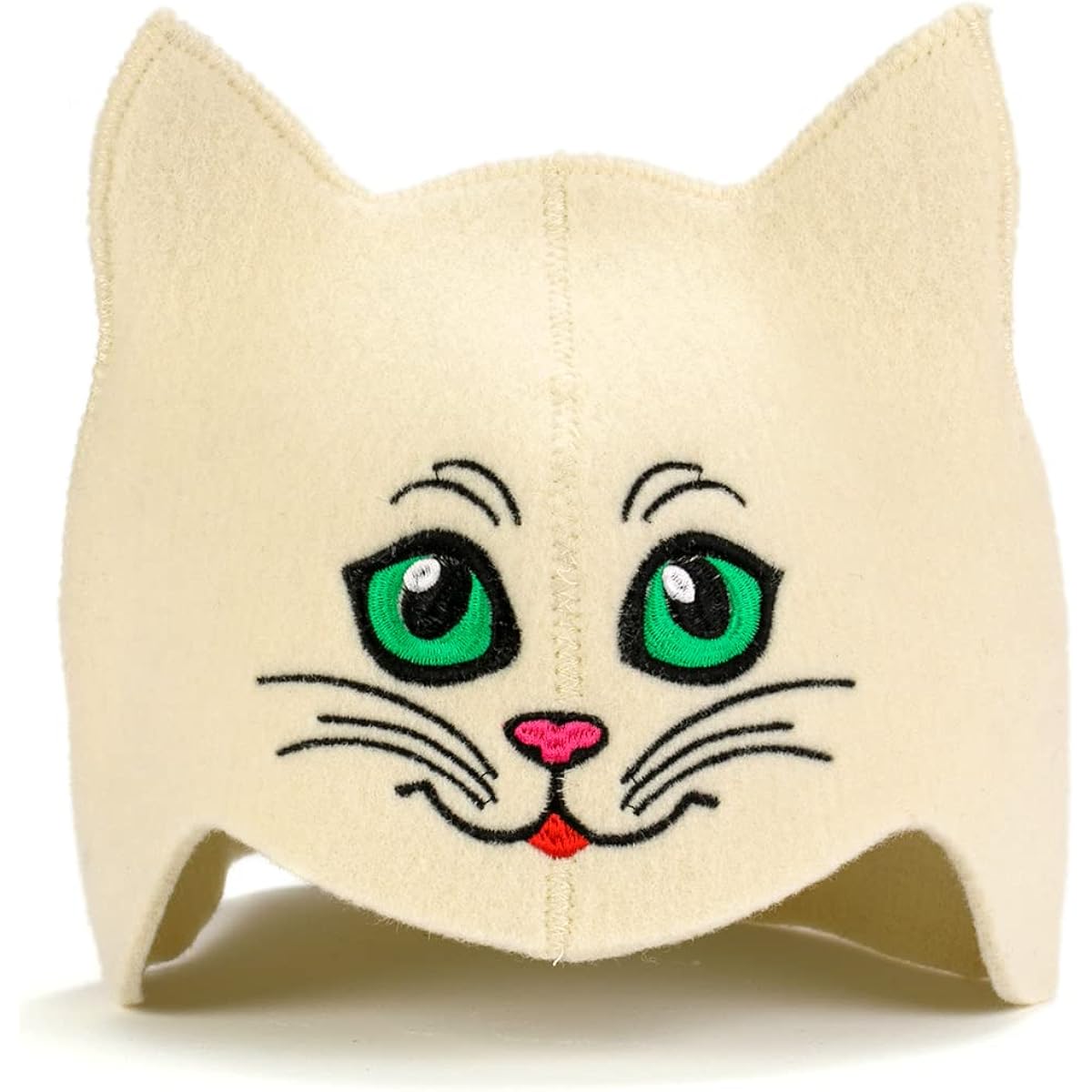 Natural Sauna Hat "Sauna Kitten Green" White/Gray 100% organic wool material makes you feel like you're in a Russian sauna - Protects your head from the heat - English e-book about saunas Comes with a guide – with embroidery