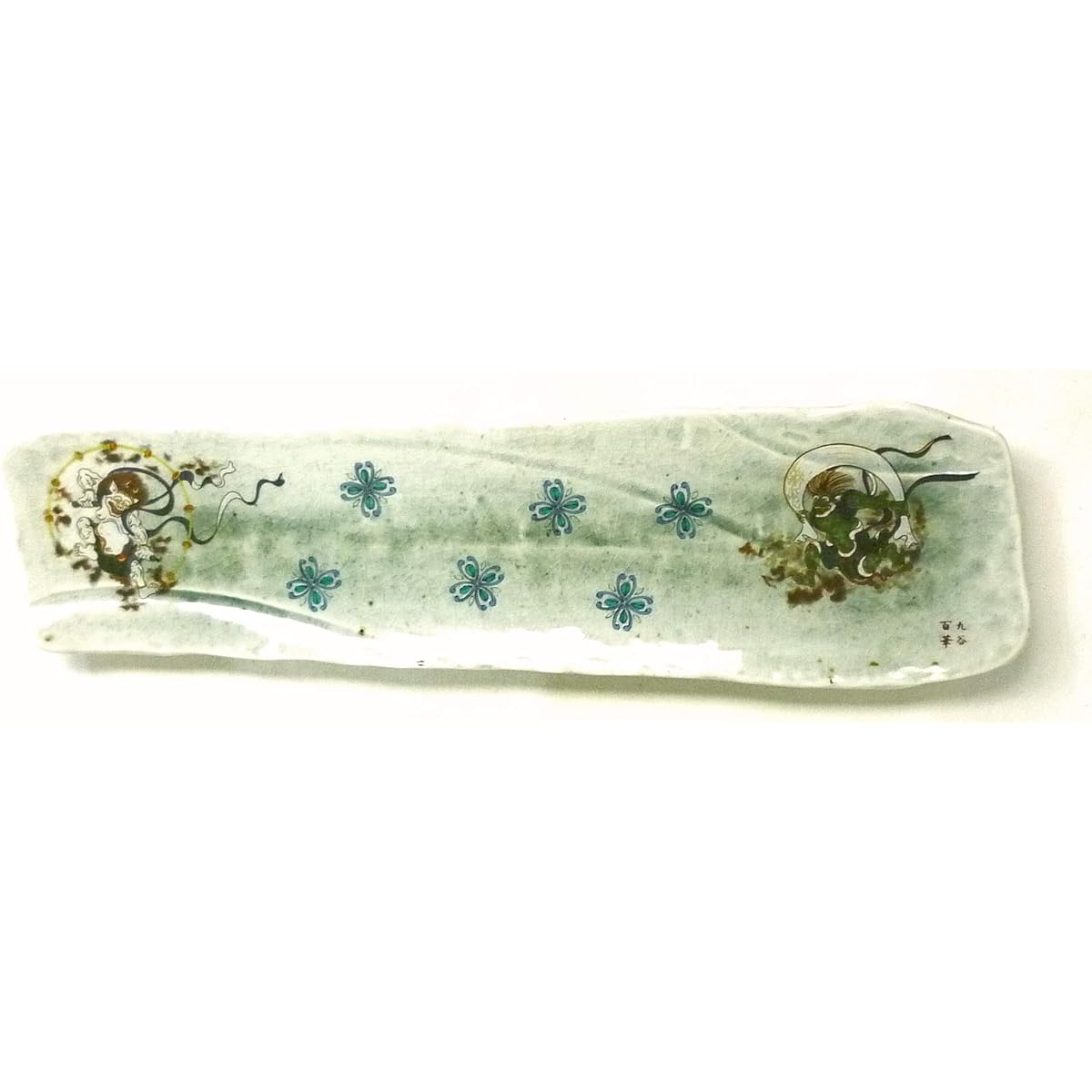 Kutani ware [Long plate for grilled fish] Wind God and Raijin back picture