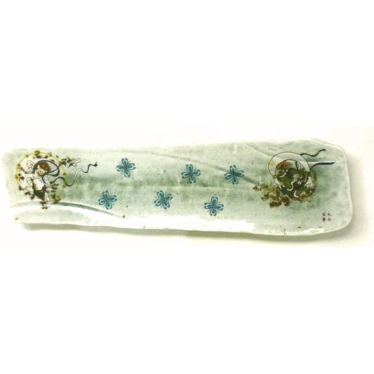 Kutani ware [Long plate for grilled fish] Wind God and Raijin back picture