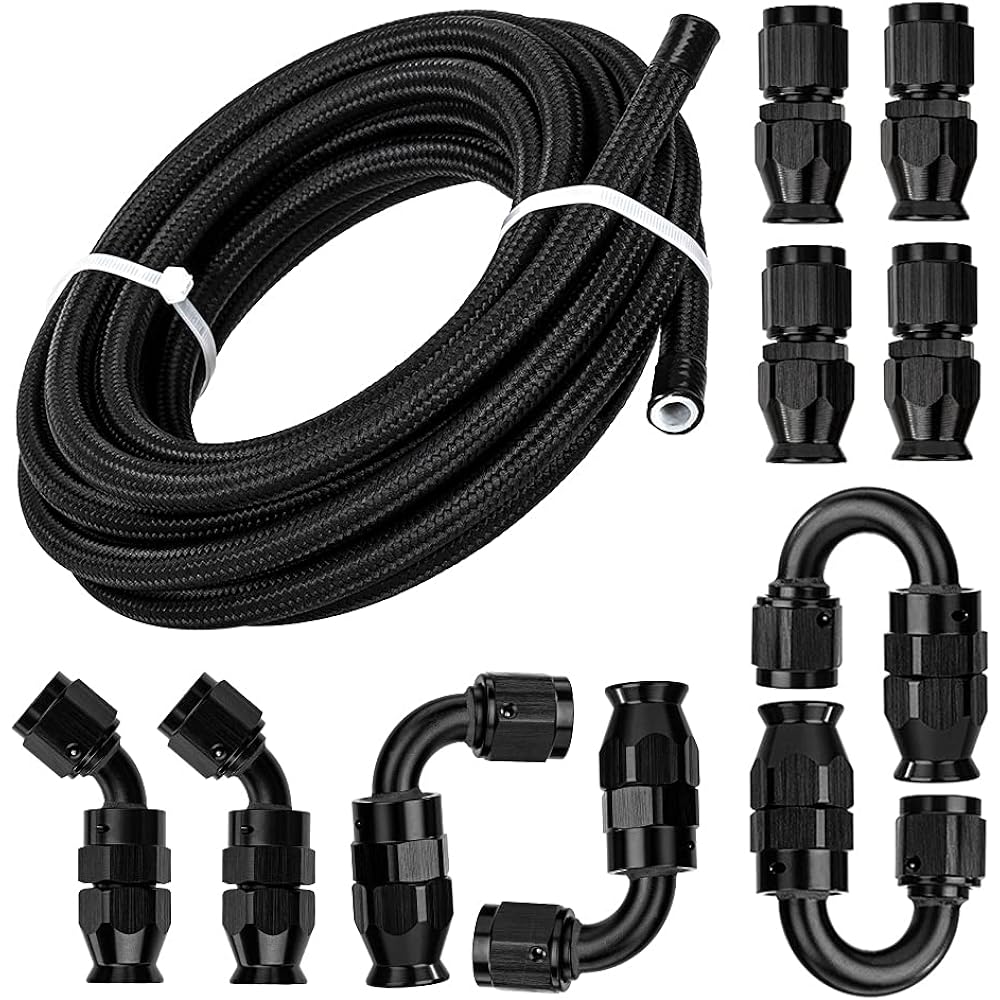 mesome 16' 6AN 3/8" Nylon Stainless Steel Braided PTFE E85 Tube Transmission Gas Oil Fuel Line Universal Fitting Kit