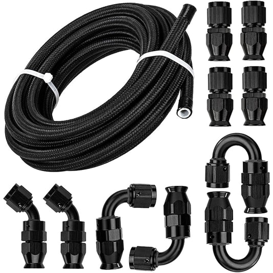 mesome 16' 6AN 3/8" Nylon Stainless Steel Braided PTFE E85 Tube Transmission Gas Oil Fuel Line Universal Fitting Kit