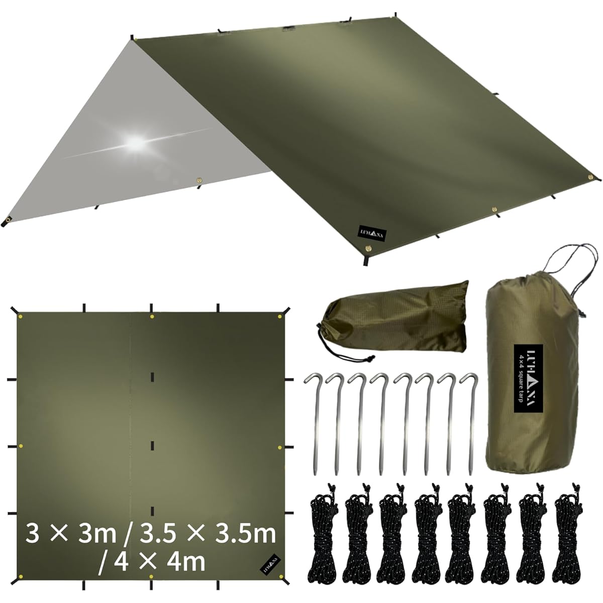 LUHANA Tarp Square 19 Loops [Posted in Setagaya Base] Silver Coating Waterproof Lightweight 4mx4m / 3.5mx3.5m (4mx4m, Army Green)