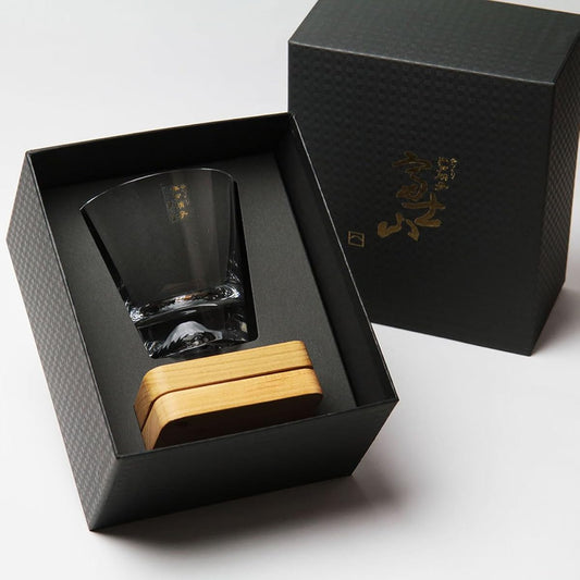 [Mt. Fuji Glass_Premium Gift Box] Mt. Fuji on the bottom shines Mt. Fuji rocks glass/with wooden coaster