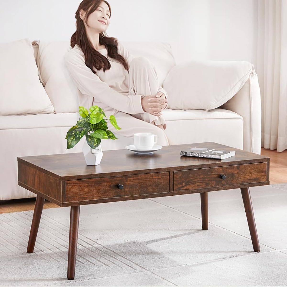 Vanlent Low Table Storing Table Width 90 x Depth 45 x Height 40 cm 2 Drawers Low Table Living Table Center Table Table Storage Function New Life Living Alone Easy to Assemble