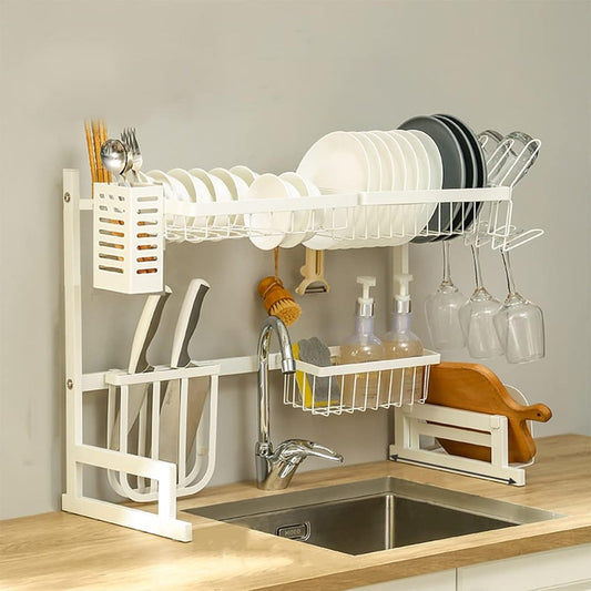 Dish drainer rack above the sink, extendable, white, tableware drainer, tension shelf, shelf to save space above the sink, kitchenware holder, stainless steel, for kitchen storage counter organization, tableware storage box, extendable, easy to assemble