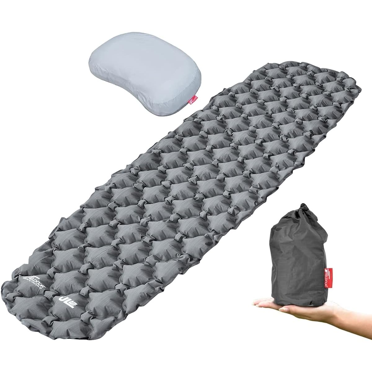 FIELDOOR Ultralight Air Mat [Gray/Single Size] 196 x 56 x 6 cm & Inflatable Pillow [Brown] Water Repellent TPU Coating Compact Lightweight Climbing Camping Touring…