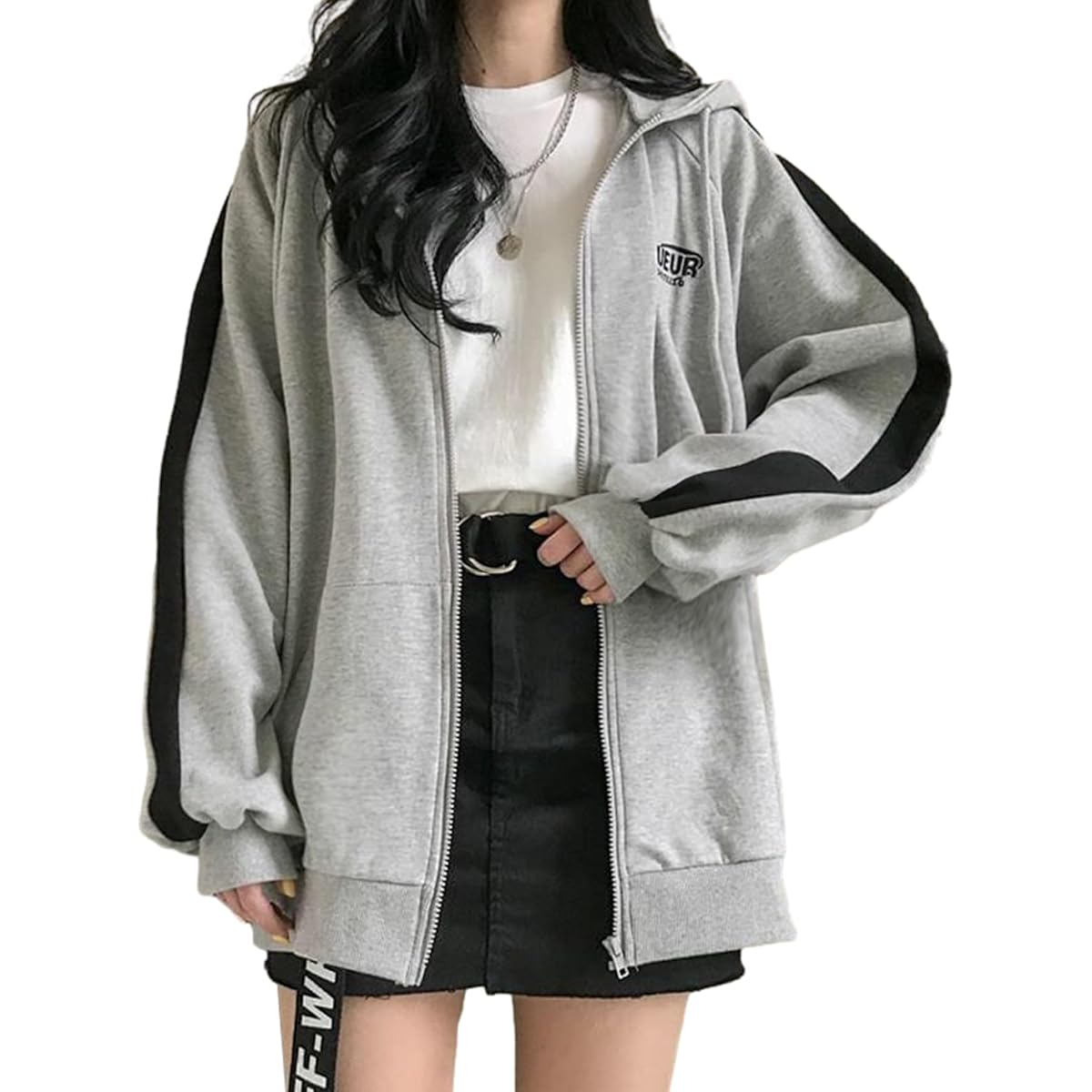 [xppe] Women's Parka, Zip-up, Outerwear, Logo, Side Line, Long Sleeve, Hooded, With Pocket, Large, Slimming, Body Coverage, Cute, Adults, Loose, Stylish, Casual, Fashion, Office, Commuting, Date, Daily Warm, Cold Protection, Tops, Spring, Autumn, Winter