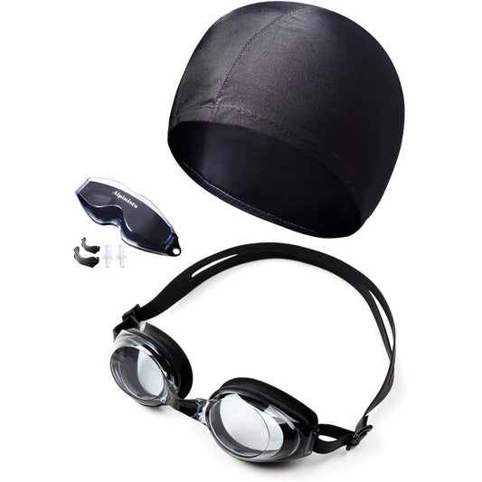 [Alpinista] Swimming Goggles Swimming Cap Set, Unisex, Anti-Fog, UV Protection, Cushion Included, Clear, 3 Sizes of Nose Belt, Ear Plugs, Case, Japanese Instruction Manual Included