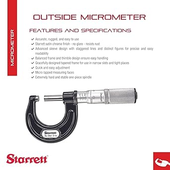 STARRETT (Starlet) outer micrometer integrated Spindle satin chrome finish taper frame -quickly and easily adjusted 0 to 1 inch Range 1 inch scale -T436.1xfl -1