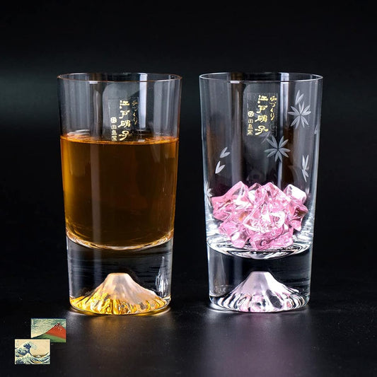 Fuji Glass, Tajima Glass, Mt. Fuji Mini Plain Tumbler x Mini Cherry Blossom Tumbler Glass, Pair Set, Set of 2, Sakura Kiriko Mini Souvenir Grand Prix, Edo Glass, Mt. Fuji, Sea, Whiskey Glass, Rock