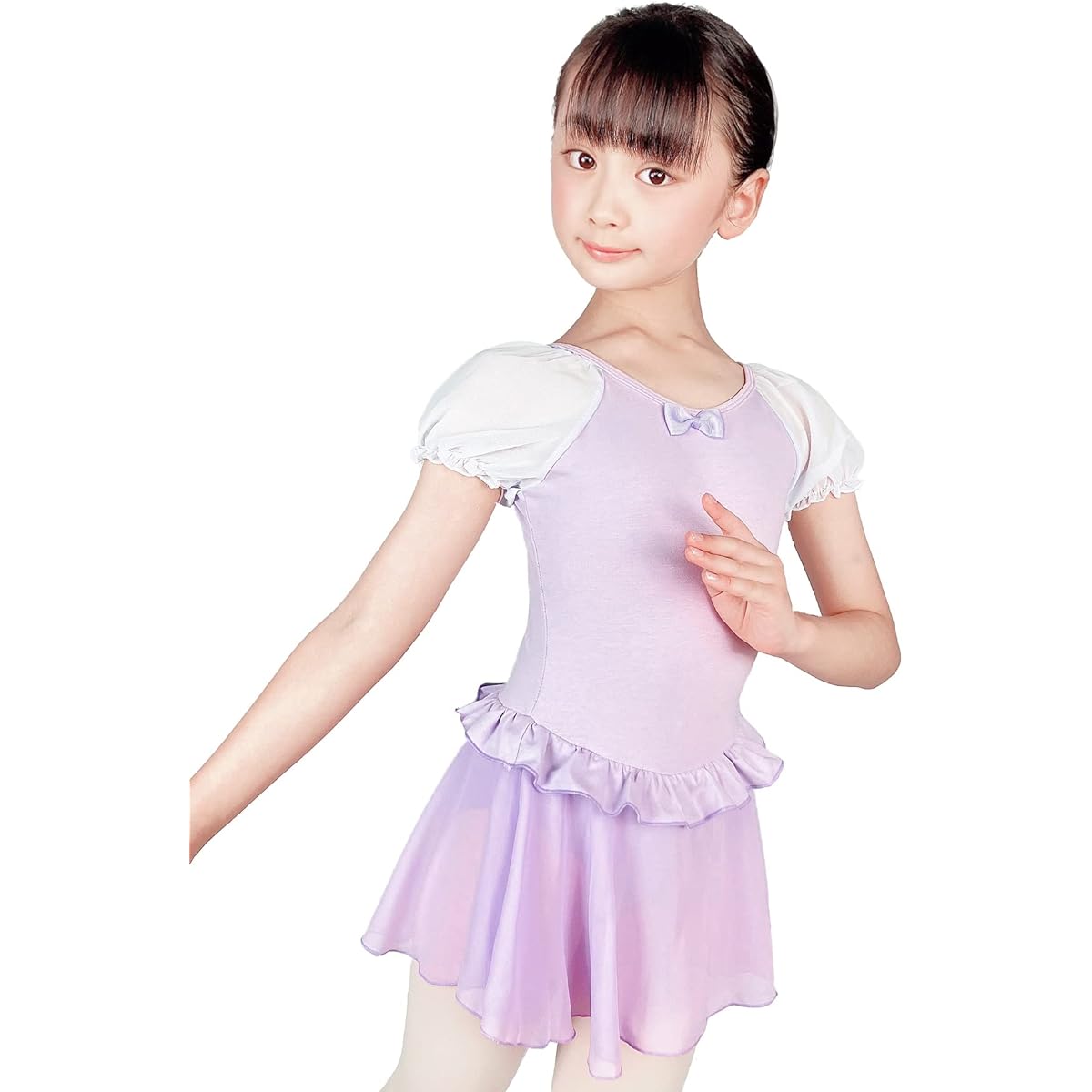 [michelle mica] Puff Sleeve Ballet Leotard with Skirt Ruffles 110 120 130 140 Cotton Rhythmic Gymnastics Kids Junior Children Children
