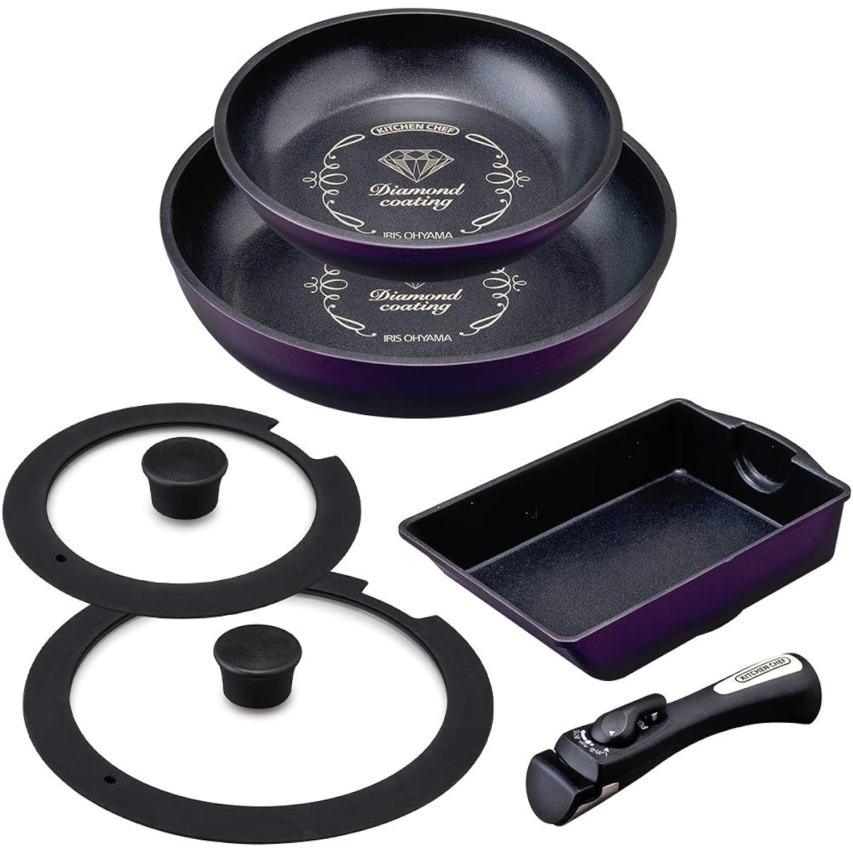 Iris Ohyama Frying Pan, 6 Piece Set, Gas Fire/IH Compatible, Easy to Clean, Durable and Long-lasting, Removable Handle, Compact Storage, Diamond Coated Pan, Grade Plus, Purple IZ-SE6