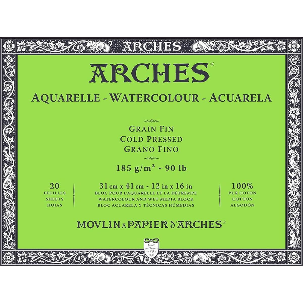 Arches Watercolor Paper Block 185g Fine 31X41cm 20 Sheets (1795055)