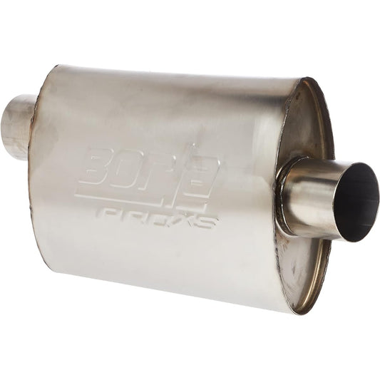 BORLA 40358 BORLA PRO XS Muffler Center/Offset Oval 2.5 inch Inlet 2.5 inch Outlet 14 inches x 4 inch x 9.5 inch case Size 19 inches Overall length Not notch T-304 Stainless steel BORLA PRO XS muffler