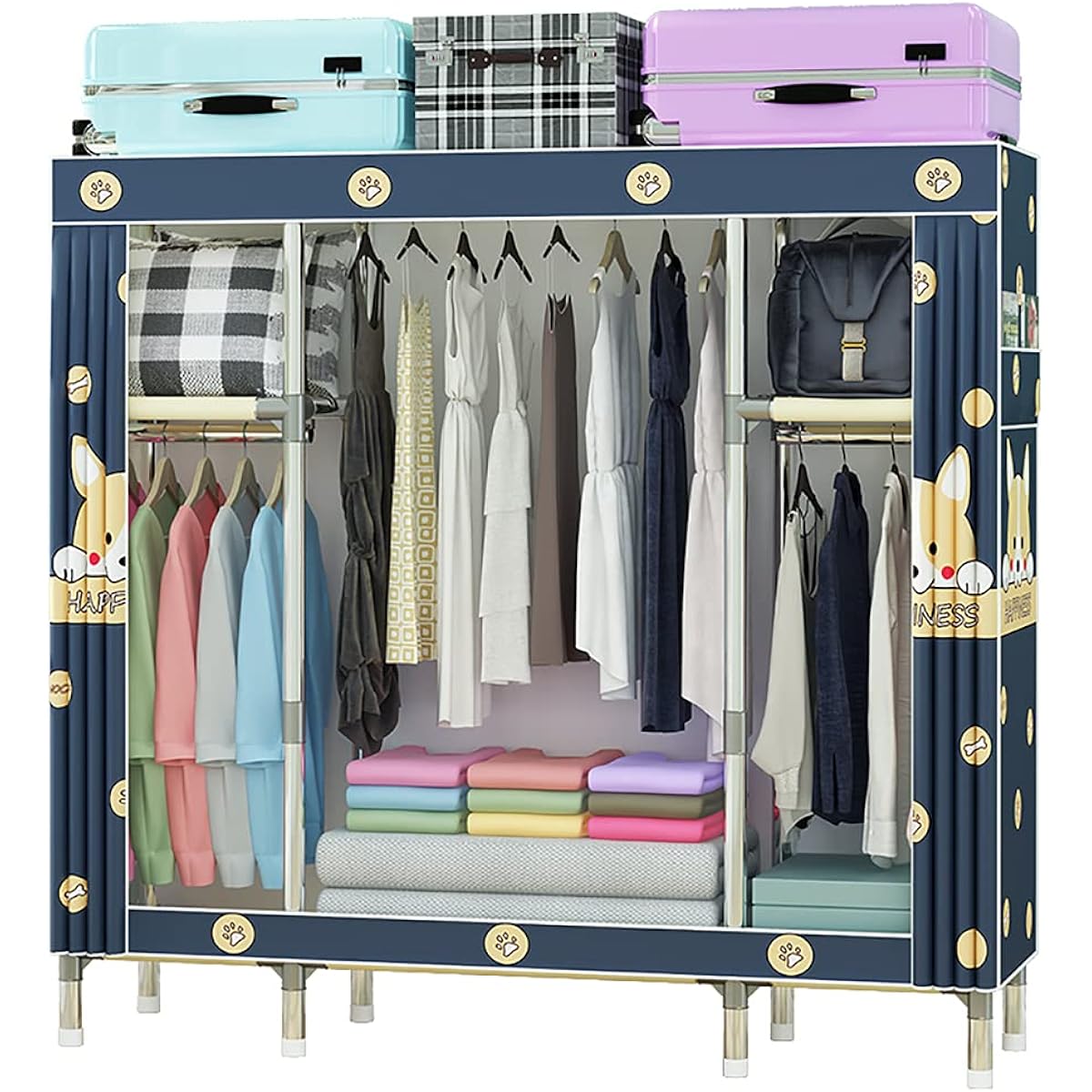 SUKIZUKI Wardrobe Closet Hanger with Cover, Storage Shelf, Clothes Storage Rack, Width 150CM x Depth 45CM x Height 170CM, Simple Hanger Rack, Organizer, Clothes Hanger, Large Capacity, Assembly Type, Waterproof, Dustproof, Stainproof