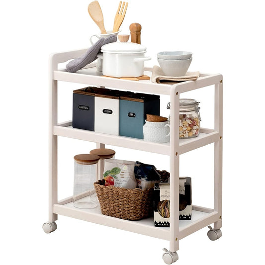 Hagiwara Kitchen Wagon Gap Storage Cart 3 Tiers Natural Wood Load Capacity 15kg Large Capacity Casters with Handle Width 59 Depth 34 Height 72.5 White VW-7977WS