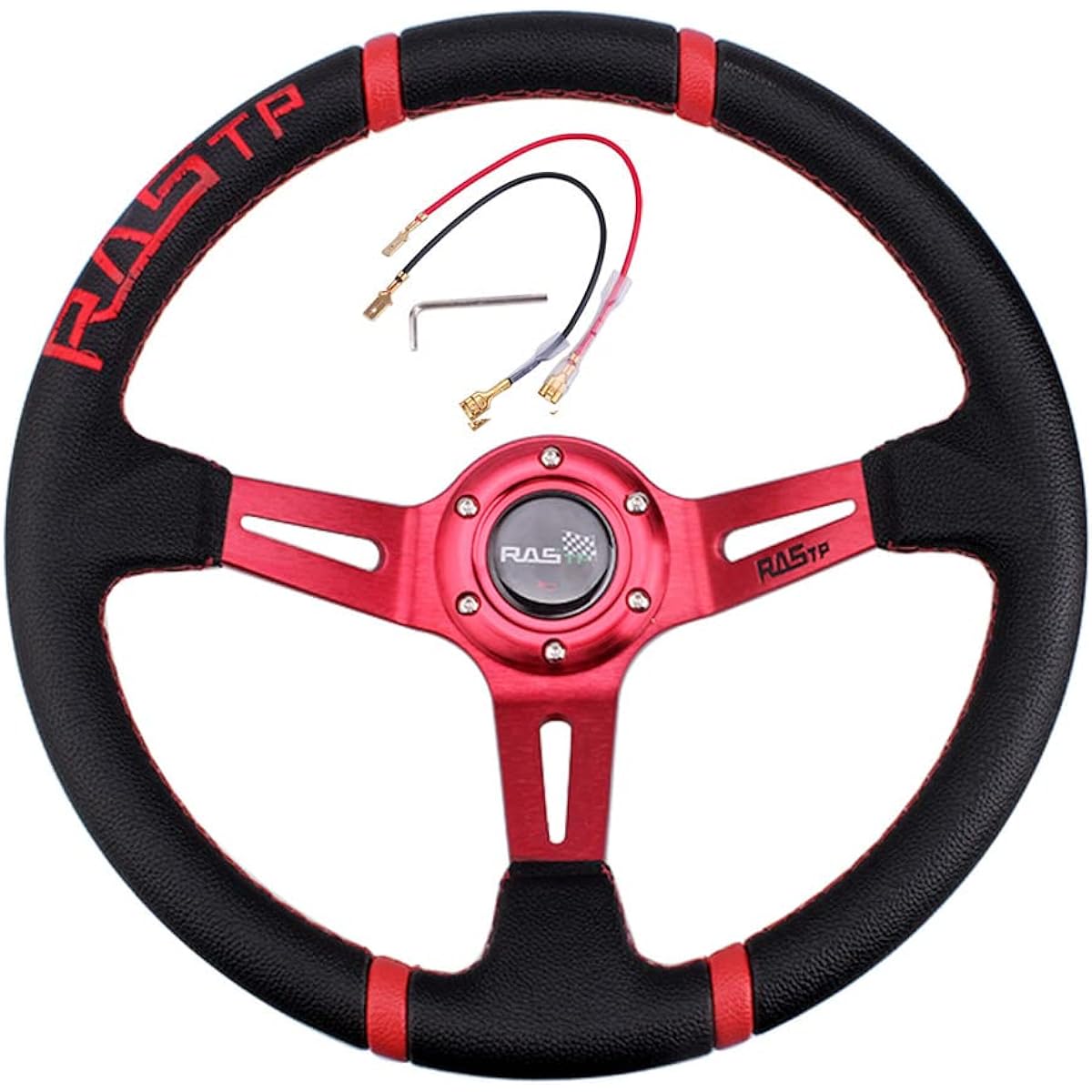 MUTEKI Steering Handle, Diameter 13.8 inches (350 mm), Lightweight Aluminum Leather, For Cars, Replacement, Deep Cone Steering, Classic Leather Embroidery, Horn Buttons, General Purpose (Red)